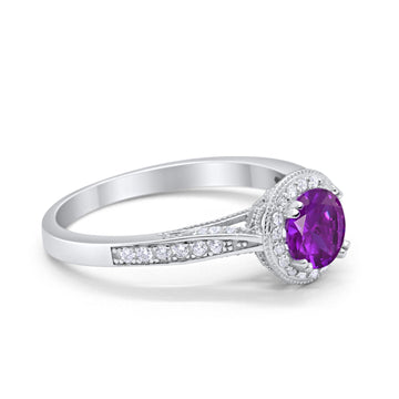 Halo Art Deco Engagement Ring Round Simulated Amethyst CZ 925 Sterling Silver